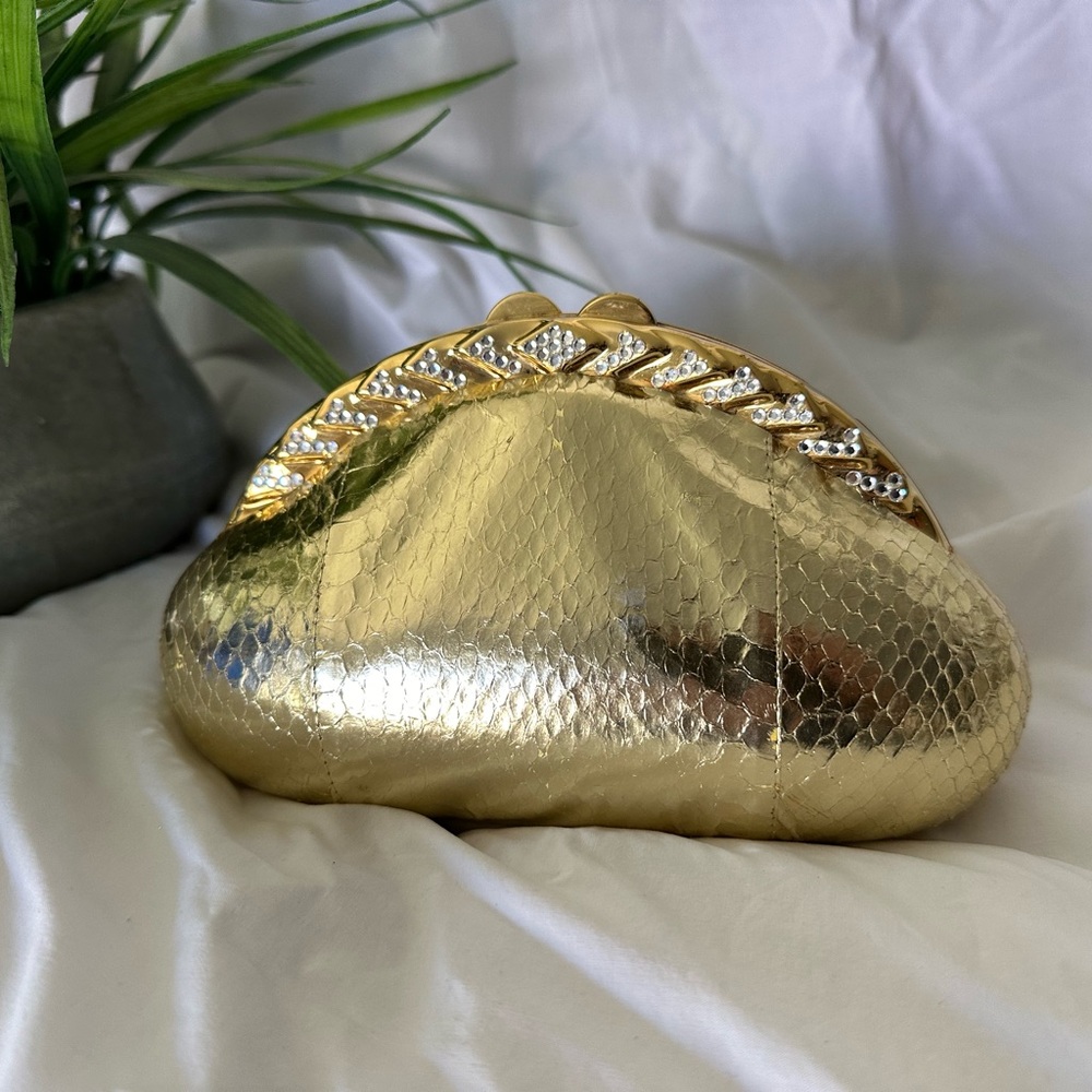 Vintage Gold Leather Rhinestone Evening Clutch Crossbody Bag